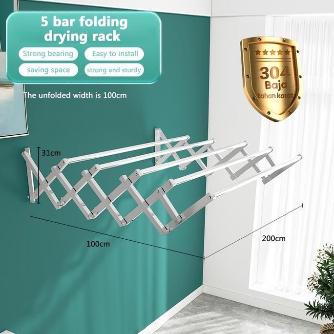 Jemuran Dinding Lipat Stainless 200CM/120cm/180cm Jemuran Baju Pakaian Dinding Jemuran Lipat Dinding