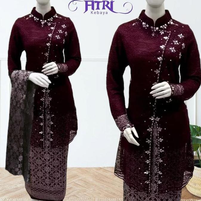 Setelan Kebaya Tunik Brokat Payet Miring Mix Songket Palembang Dengan Selendang Modern Elegan Atasan