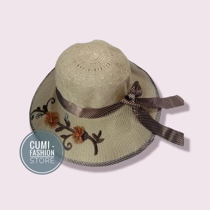Topi wanita lebar rajut motif bunga list polkadot