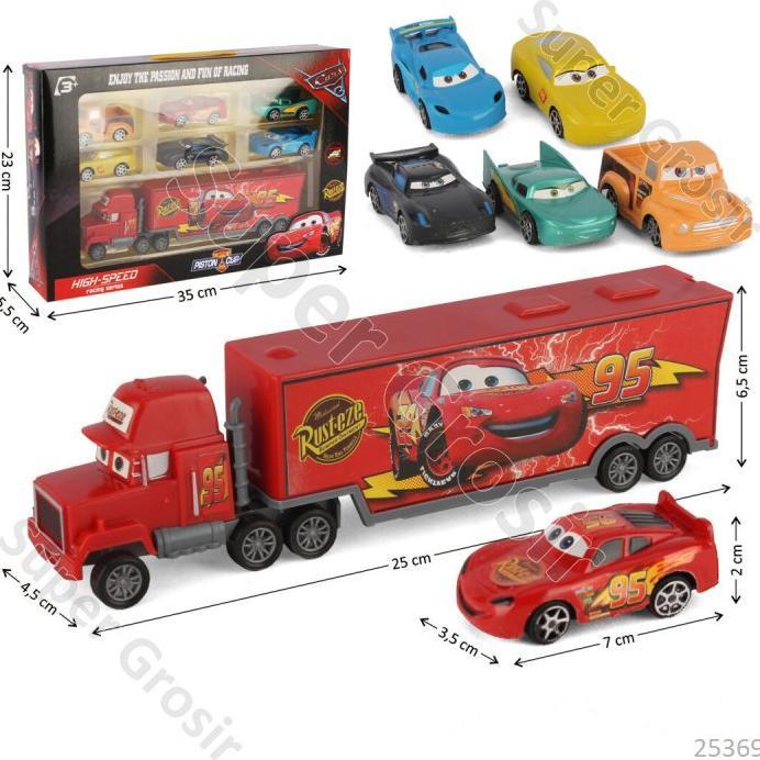Mainan Anak Mainan Truk Trailer Kontainer 25 cm + Mobil Skala Hot Wheels 1:64 P/B Karakter Mirip Car