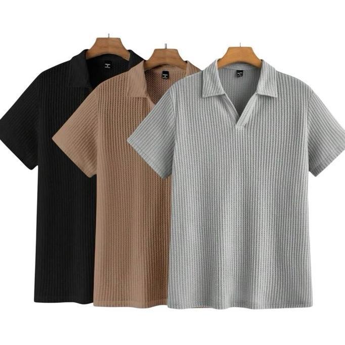 Paket 3 pcs Kaos polo lengan pendek pria V-neck waffle premium baju distro terbaru Atasan Kerah Dewa