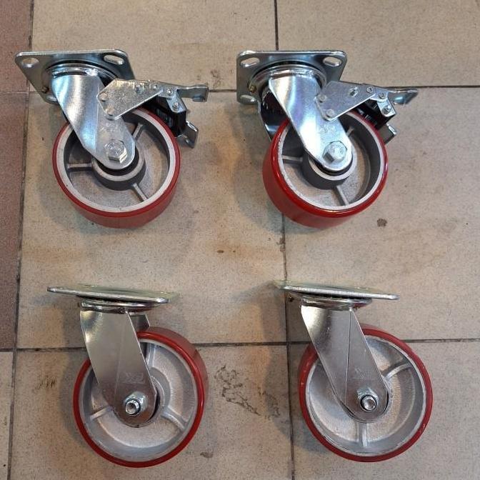 Roda Troli Pu Merah Heavy Duty 5 Inch 1Set ( 2Rem 2Hidup )