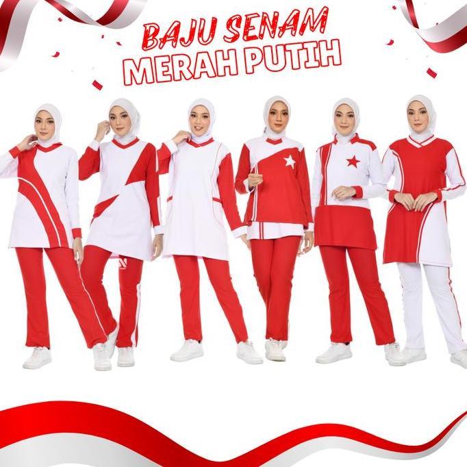 Promo Nano Sportswear Baju Senam Muslim Merah Putih / Baju Senam Muslim Wanita Cod