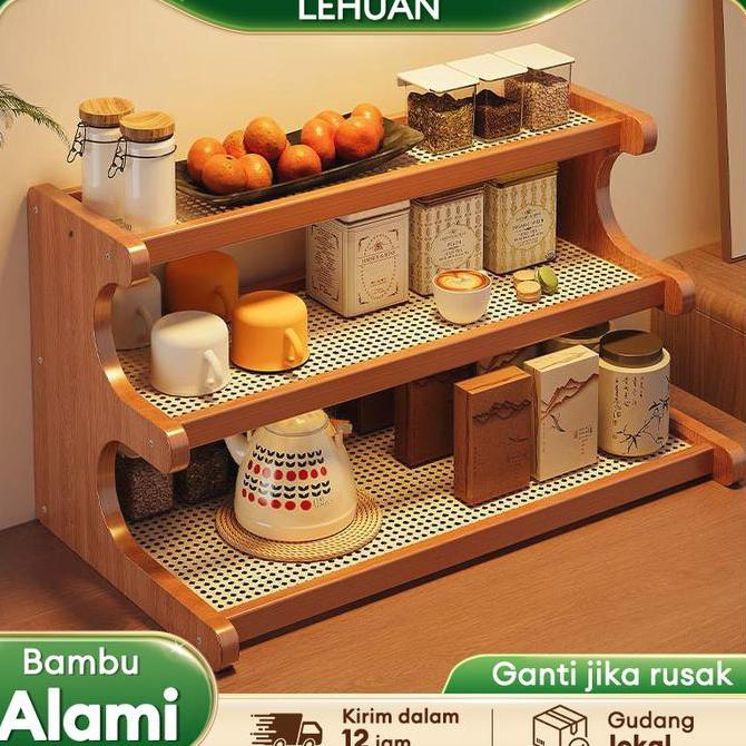 LH-Rak Kecil Meja Anyaman Rotan Rak Kayu Aesthetic Rak Susun Minimalis Rak Bumbu Dapur Rak Serbaguna