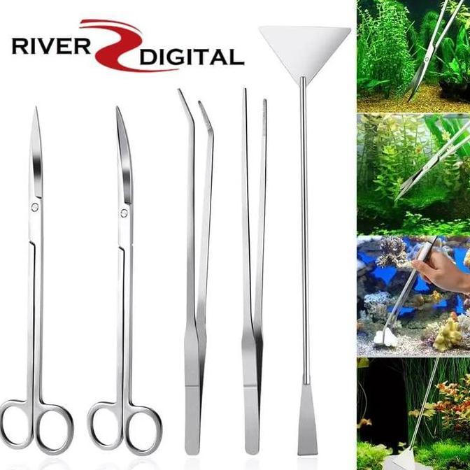 Aquascape 5 in 1 Tool Set / Scaper / Gunting Bengkok / Pinset