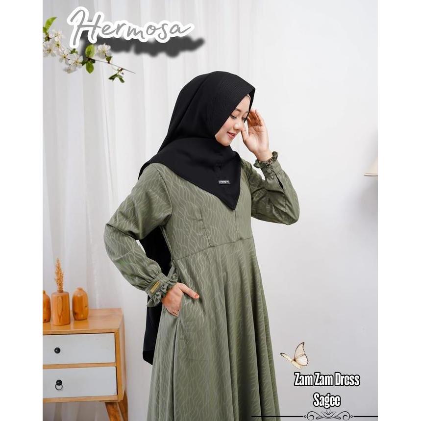 Murah [Gamis Hermosa]Gamis Hermosa Wolfis Embos Motif Zamzam Sage Green-Gamis Hijau Sage Terbaru-Gam