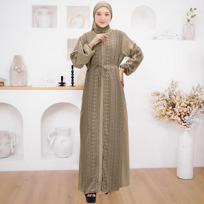 Grosir [Demore] Gamis Set Hijab Cantik Motif Nada Ceruty Babydoll - Maxi Kondangan - Dress Pesta Ele