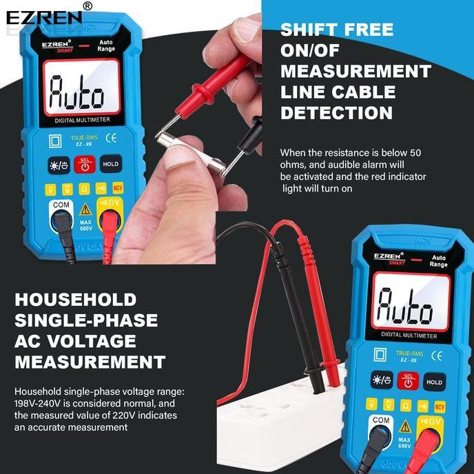 Ezren Ez-X6 Smart Digital Multitester Multi Meter Mode Auto Ac Dc Hambatan Volt Ncv Fire Line Kualit