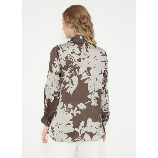 Ruffle Floral Blouse Satin in Brown By Brilliant Girl