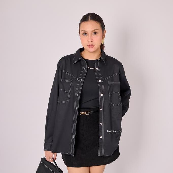 Denia Shirt - Kemeja Wanita Premium Lengan Panjang Detail Contrast Stitching - Sampai BSize 90kg
