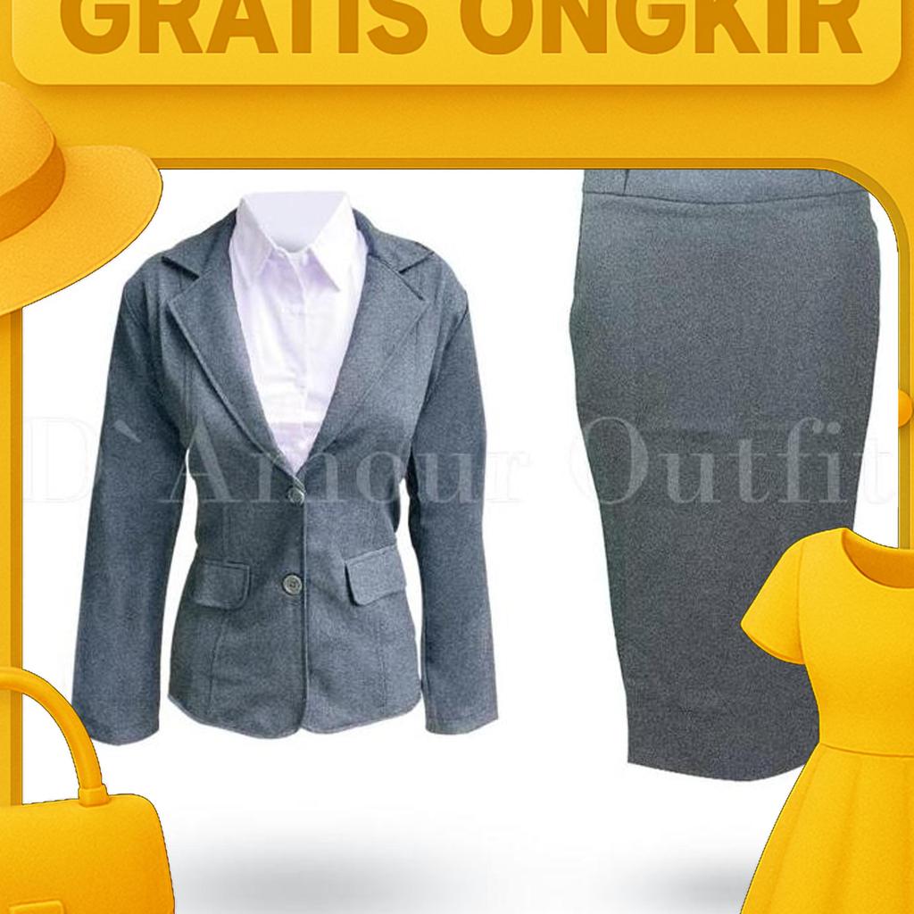 D'Amour Outfit Setelan Jas Blazer Rok Span Pendek 7/8 Wanita Formal Kantoran Gabardine Polos Hitam S