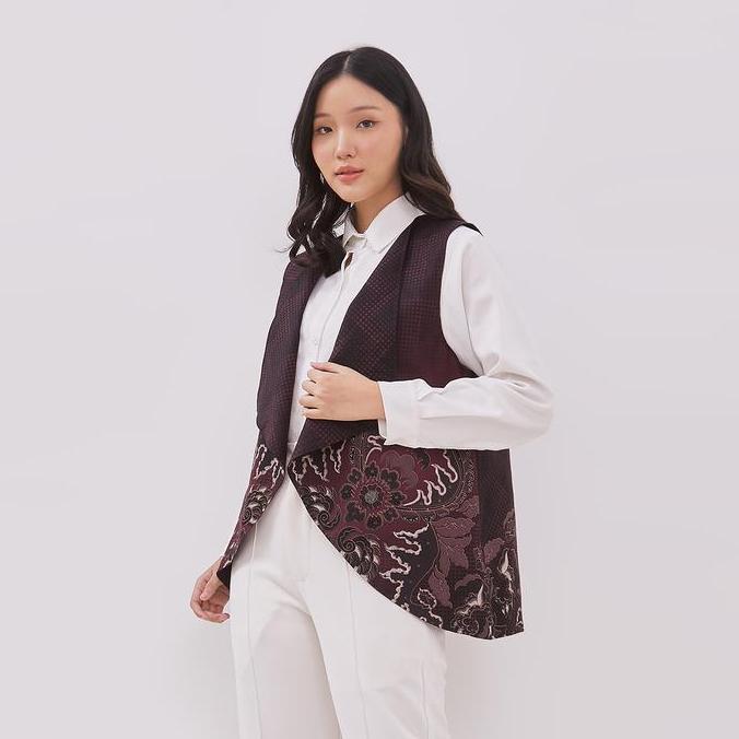 Odza Couple Set Kemeja Batik Lengan Pendek Pria Rompi Wanita Outer Vest Luaran Allsize Merah Maroon