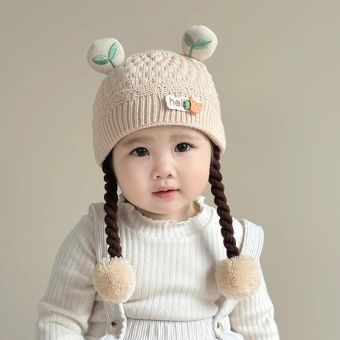 Kupluk Model Rambut Palsu / Topi Bayi Newborn Anak Perempuan / Topi Newborn Lucu / Kupluk Rajut Bayi