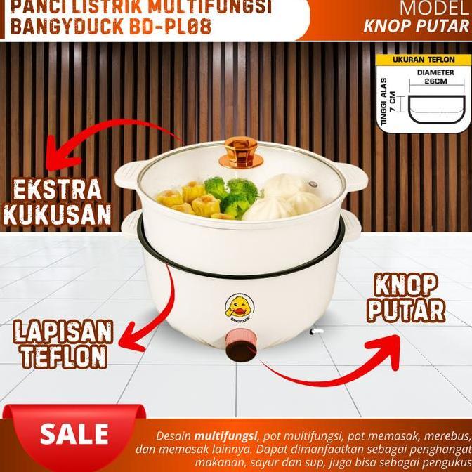 Panci Listrik Anti Lengket 2.5 Liter Kukusan Teflon Hemat Listrik Tutup Kaca Bangyduck Bd-Pl08 Panci