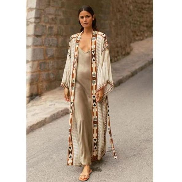 Lazzbuina - BEIGE Boho Cardigan Kimono Wanita Premium Outer Pantai Bohemian Jumbo