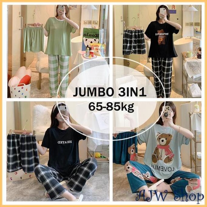 Promo AJW [JUMBO SAMPAI BB 85Kg] Piyama 3in1 JUMBO Wanita Set | Baju Tidur Set 3in1 Jumbo | Piyama J