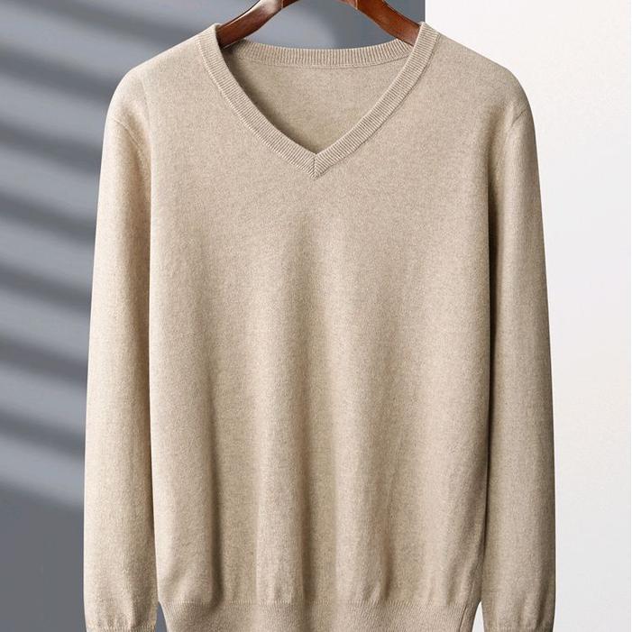 Sweater Pria V-Neck Polos Lengan Panjang Casual Trendy Simple Nyaman Bahan Cotton Rajut Halus Premiu