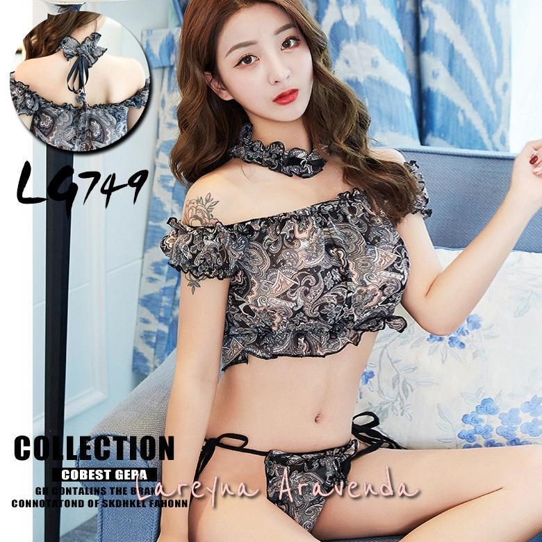 Pakaian Wanita- Set Lingerie + Cd Kostum Bikini Pantai Motif Batik Lg749 - Lingerie - Baju Dinas Mal