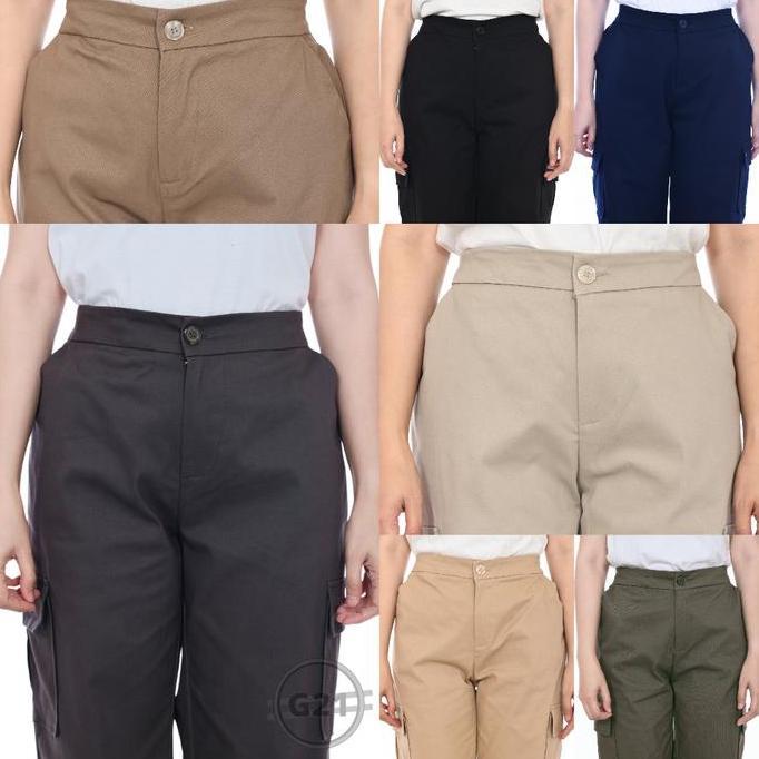 Celana dan Rok Kargo Panjang Wanita Model Pinggang Karet Belakang Hitam Bahan Katun Premium Quality 