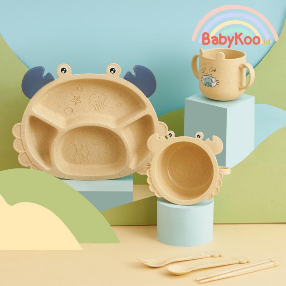 Set Piring Makan Anak Lucu Bentuk Crab / Karakter Crab/Kepiting - (Piring + Sendok + Garpu + Sumpit)