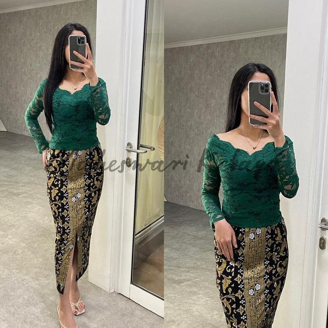 Kebaya Bali Set Brukat Sabrina Panjang Hijau Botol
