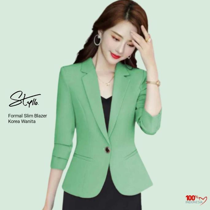 Yoona Blazer Jas Kerja Wanita Lengan Panjang Kantor Slimfit Formal Green Scuba - Hijau Sage | Styllo