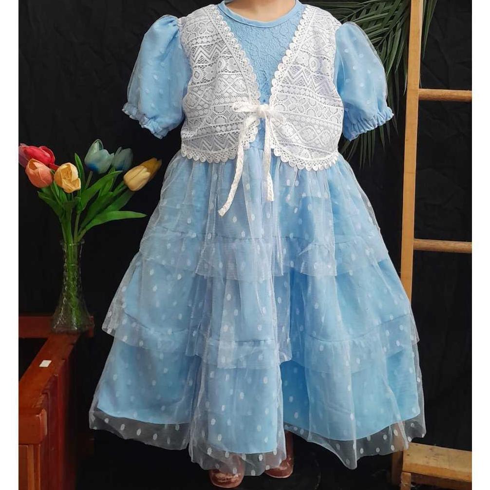Dress Anak Perempuan Tutu Polkadot Tile Brukat Elegan Gaun Pesta Anak Lengan Puff | Size 1-12 Tahun