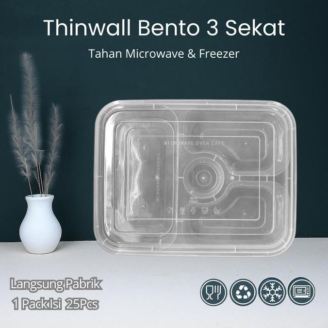 Thinwall Bento Sekat 3 Plastik - Food Container Bento Thinwall Premium
