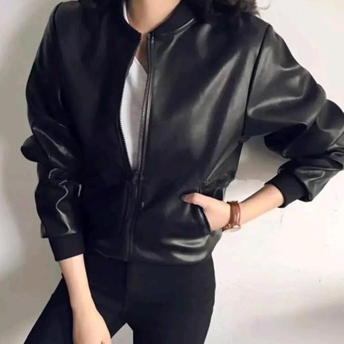 Jaket Kulit Wanita Bomber Motoran Anti Masuk Angin Hijab Outfit Mamba Mafia Musim dingin Santai