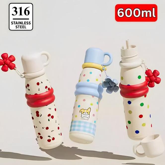 Botol Minum Stainless Steel 600Ml Tumbler Portable Insulated Bottle With Mug Kawai