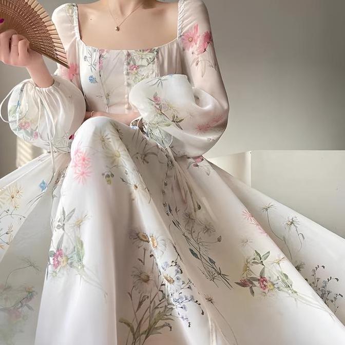 Gown Chachu Dress Organza Midi Vintage Bodycon Putih Fairy Gaun Elegan Wanita Casual Pesta Baju Kond