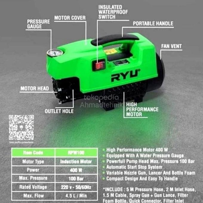 MESIN CUCI AC JET CLEANER RYU RPW100 DAYA LISTRIK 400 WATT/ CUCI MOTOR MOBIL HIGH PRESSURE WASHER RY