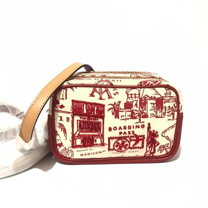 Tb perry mini bag canvas red destination double zip sz 18x12