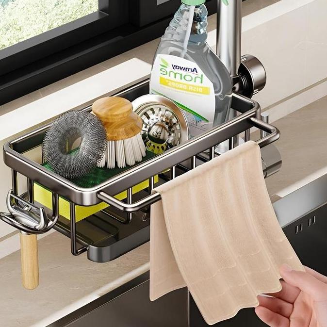 Rak Organizer Wastafel Dapur Tempat Sabun Spons Rak Aluminium Penyimpanan Tempat Kain Pencuci Piring