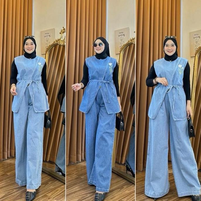 One Set Jeans Kece Setelan Baju Karet Wanita