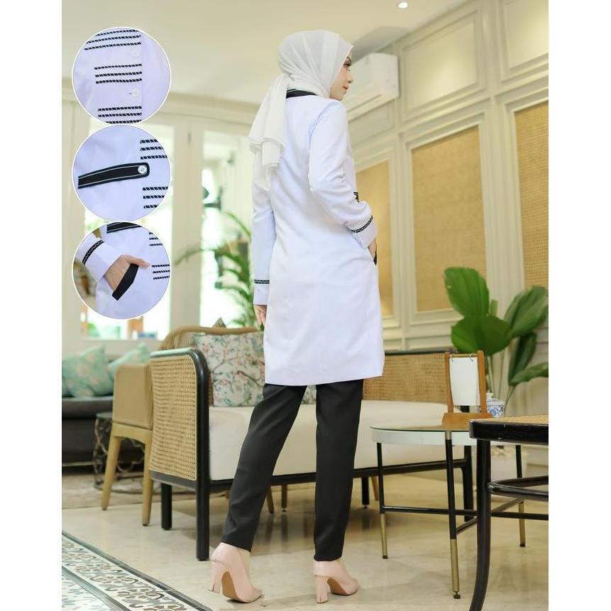 Seragam Kerja tunik putih kombinasi hitam stik garis Wanita Setelan rok span/rok.A/Celana Panjang ba