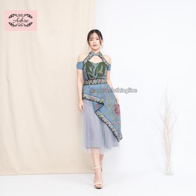Adore Setelan Batik Denin Rok Tutu Abu