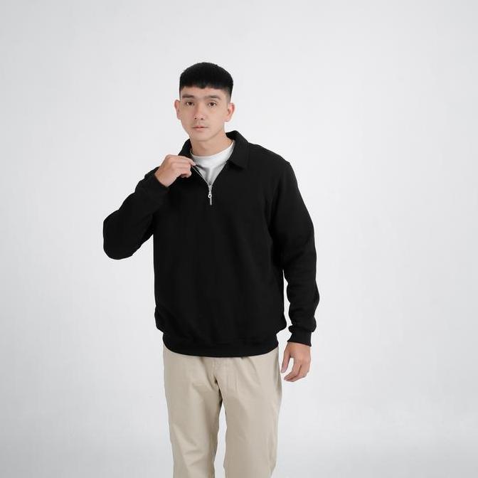 Grade Ori Stylelaki - Sweater Crewneck Katun Fleece Hitam Polos Zipper Metropolis