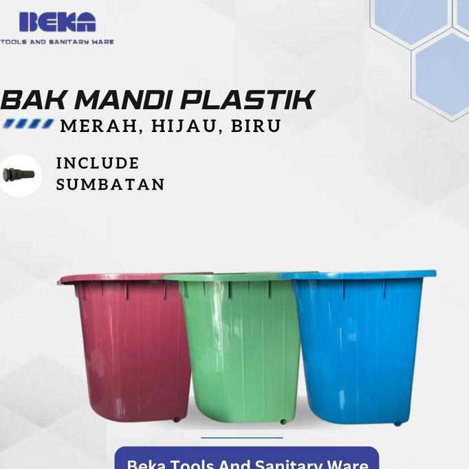bak mandi plastik dengan kotak sabun warna biru , hijau , merah