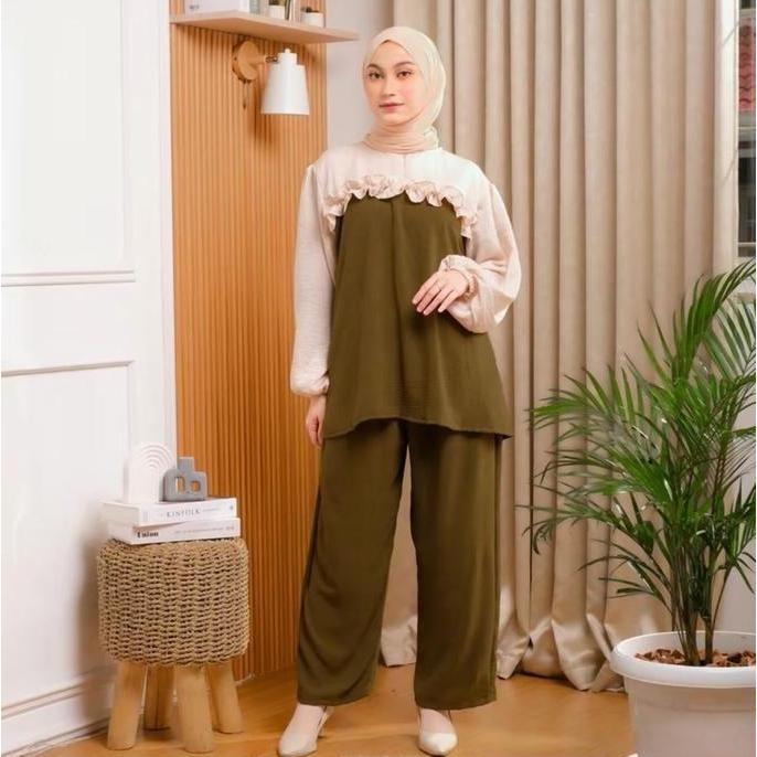 One Set Tunik Setelan Crinkle Kombinasi Santorini Tangan Panjang Tunik Kekinian Simmer Rempel Bagian