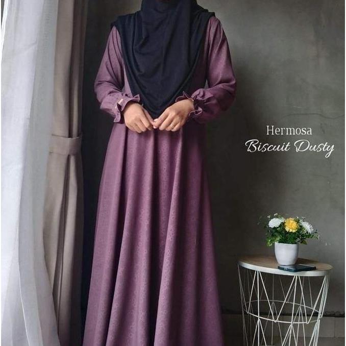 [Gamis Hermosa] Hamis embos hermosa motif biscuit warna dusty ungu-gamis syari dusty ungu Gamis Hita