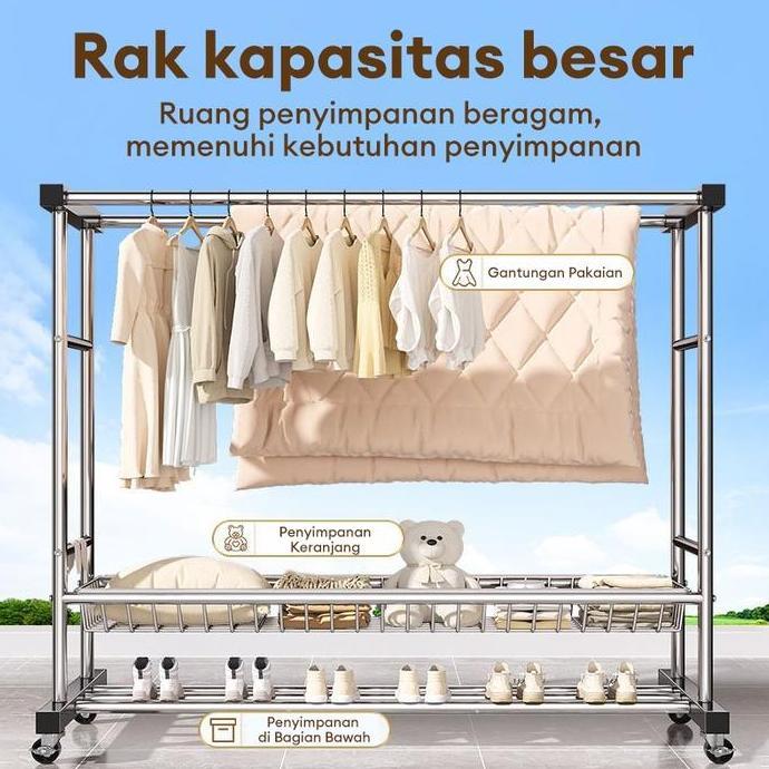 Jemuran Baju Besar Kokoh Stainless Steel Jemuran Baju Tabung Baja Gantungan Baju Berdiri Stainless