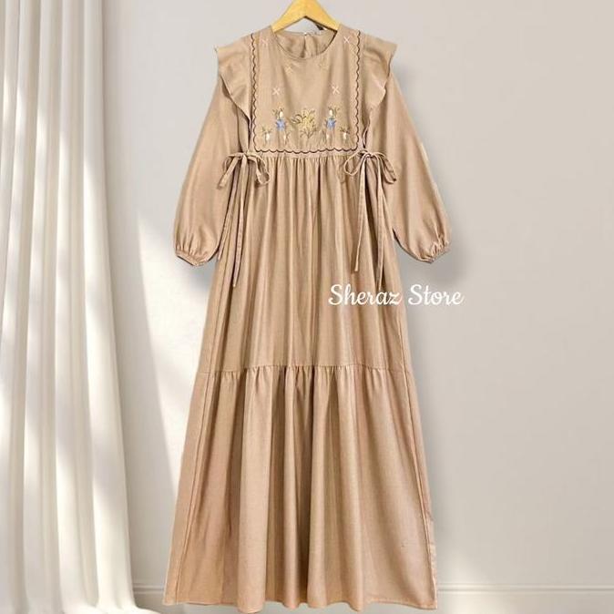 Cherika S M L XL XXL 5L Gamis Dress Polo Linen Bordir Wanita Terbaru Kekinian Jumbo Ld 140 130 120 P