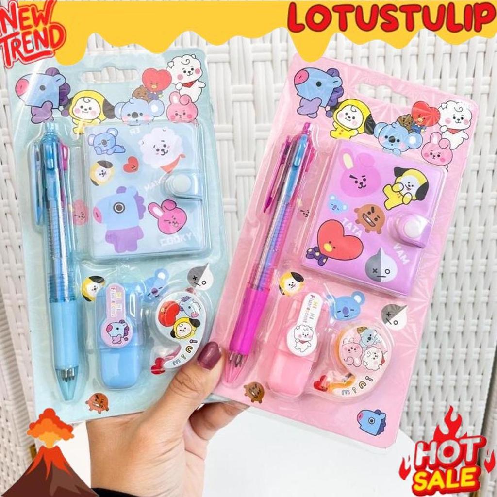 1 Set Alat Tulis 4in1 Buku Pulpen Highlighter Tape BTS Notebook BT21 Murah Ready