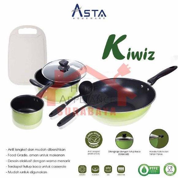 TERBARU - ASTA Kiwiz Panci Wajan Goreng Cookware Set Teflon Anti Lengket 7 PCS Hijau Food Grade deng