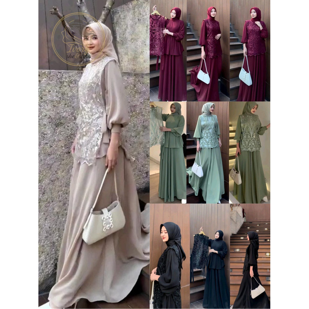 Ivory -  Cintya Maxy Dress Set Vest Brokat Premium Gamis Wanita Muslim Pesta Kondangan Modern M - XL