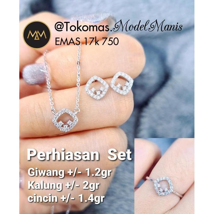 Terlaris Set Perhiasan Kalung Anting Cincin Emas Putih 750 Kadar 17 K