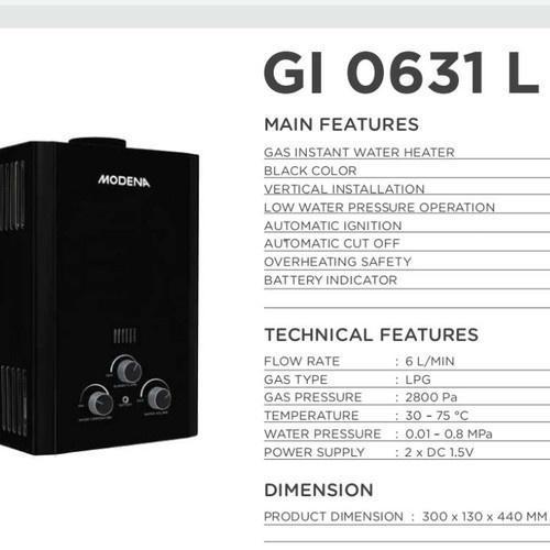 Water Heater Gas Modena Gi 0631 L 6 Liter Original Dan Terpercaya