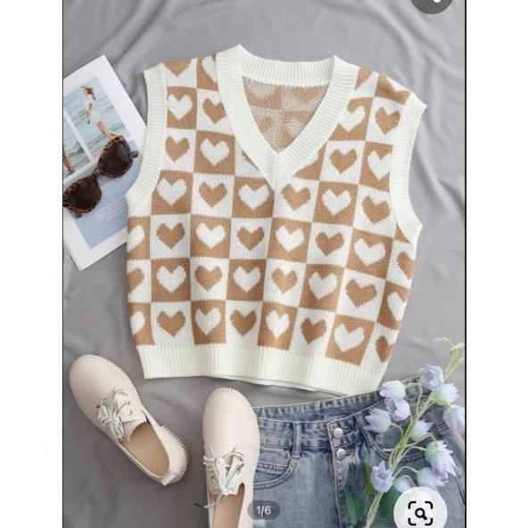COKALISA900 - KNIT VEST WANITA KOREA MOTIF LOVE ROMPI RAJUT