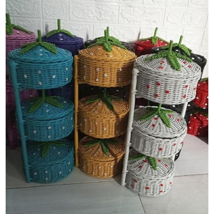 Unik Tempat Bumbu Dapur Set Wadah Toples 3 Susun Bulat Telur Keranjang Bawang Mini Rotan Estetik Uni